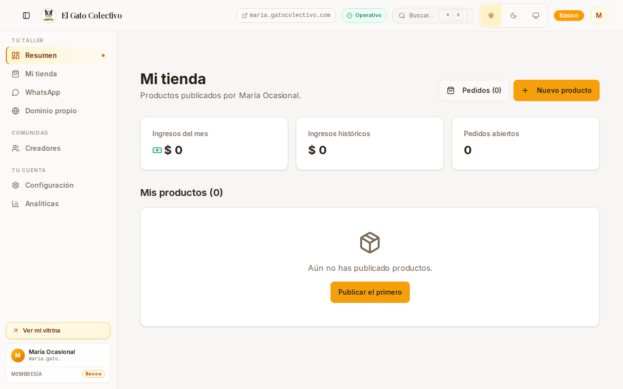 Panel de administración de tienda y productos en El Gato Colectivo